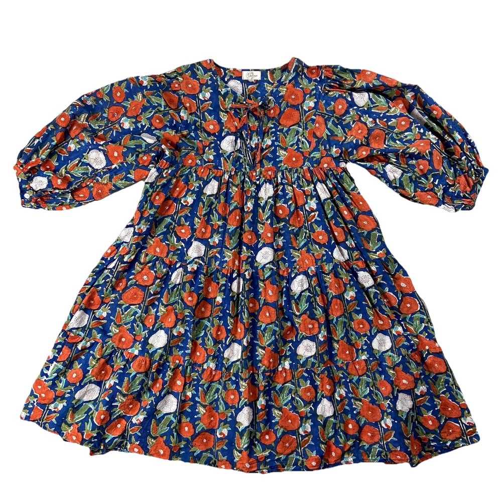 Cotton Floral Peasant Dress Balloon Sleeve Knee Length Women's XS Boho Bloomcore